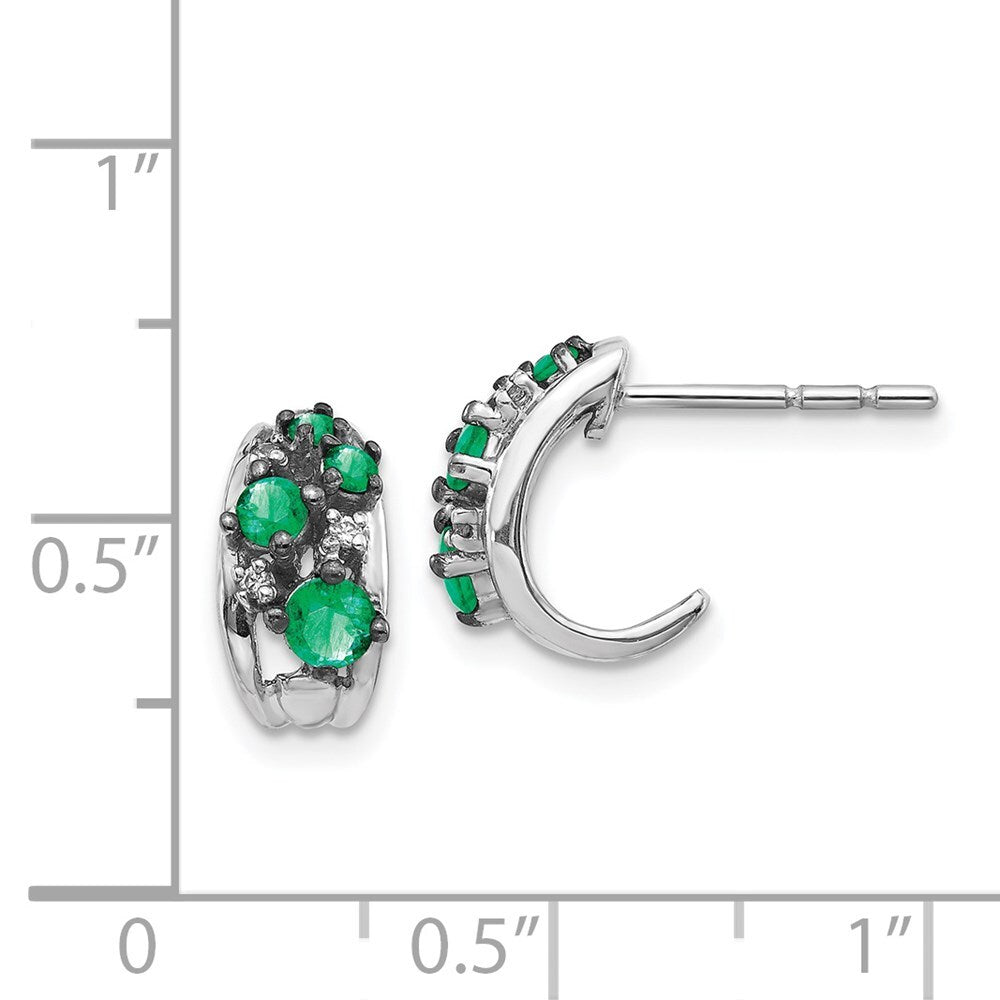 14k White Gold Diamond and Emerald Polished Hoop Earrings