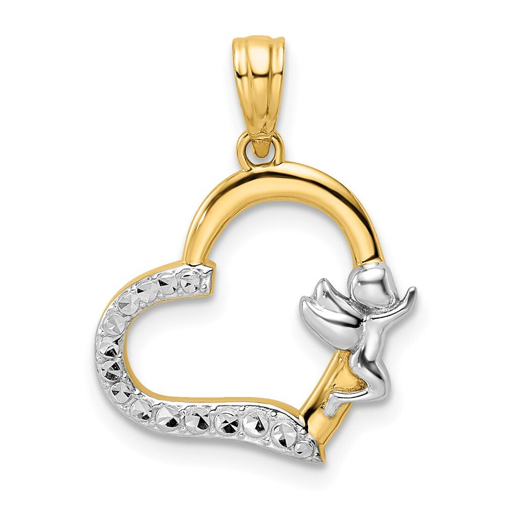 14k Yellow Gold & White Rhodium Cherub on Heart Pendant for Women