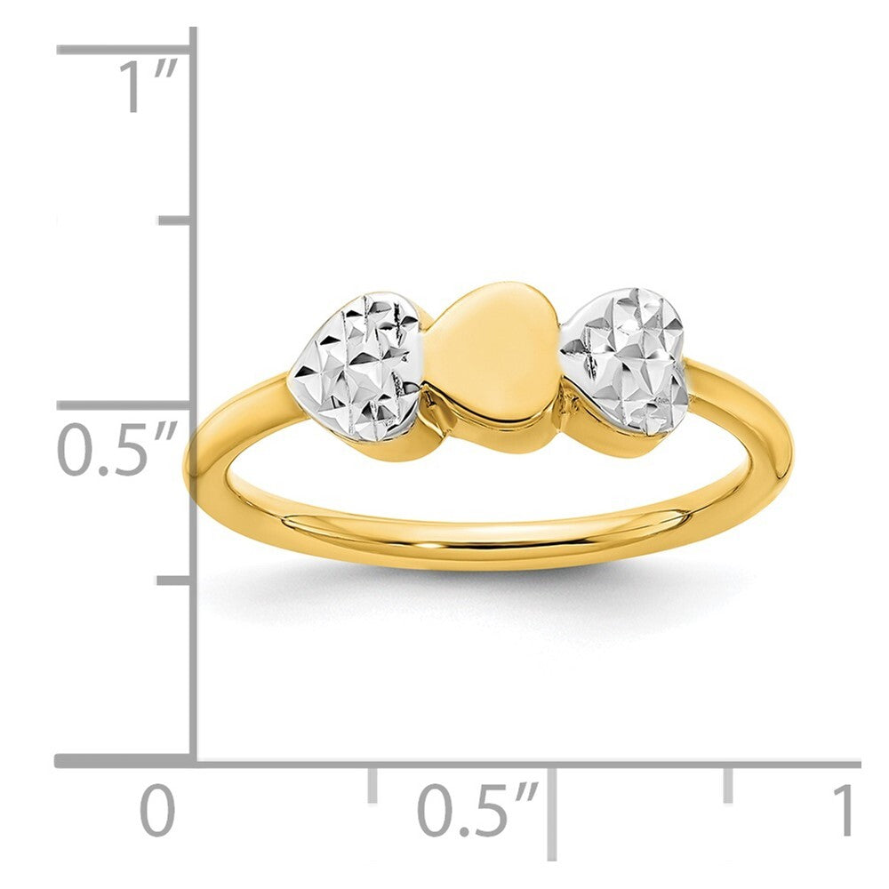 14K Yellow Gold & White Rhodium Diamond-Cut Hearts Ring Size 7