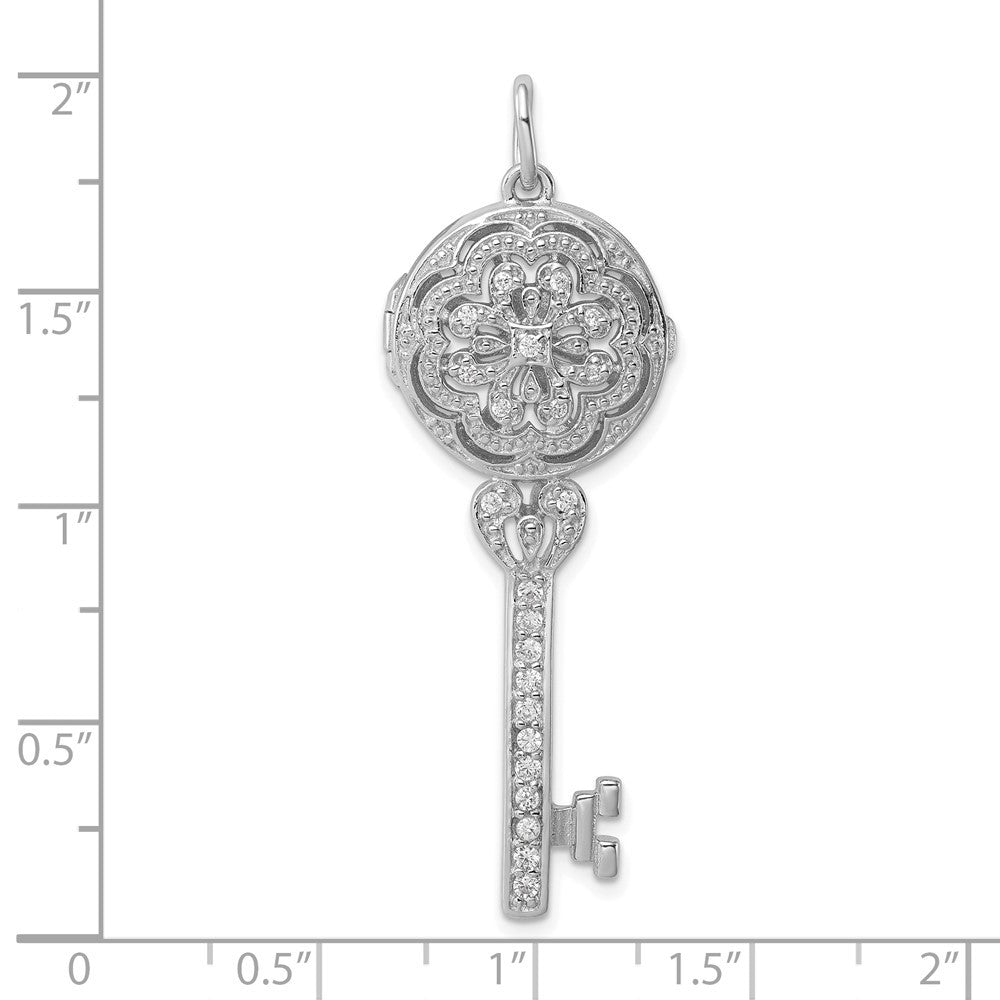 Sterling Silver Rhodium-plated Cubic Zirconia Filigree Locket Key Pendant