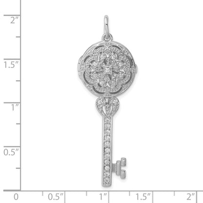 Sterling Silver Rhodium-plated Cubic Zirconia Filigree Locket Key Pendant