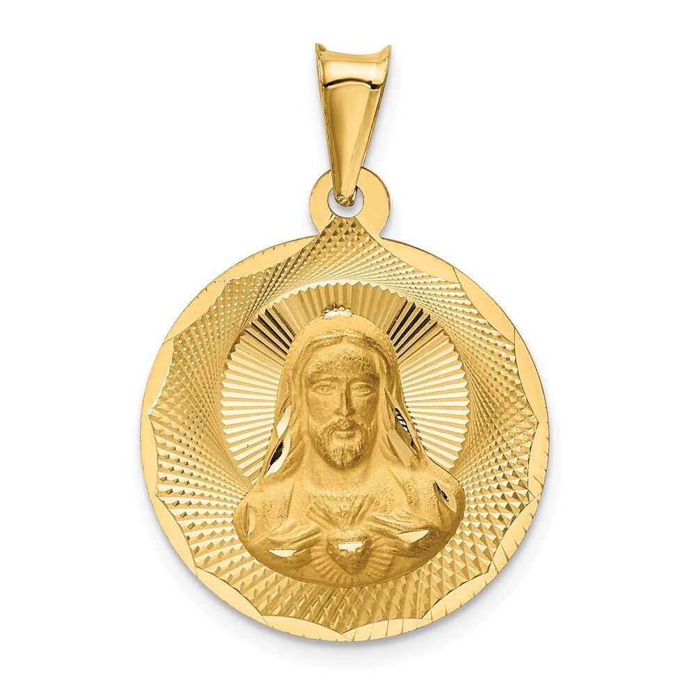 14k Yellow Gold Polished Diamond-Cut Sagrado Corazon Circle Pendant for Women
