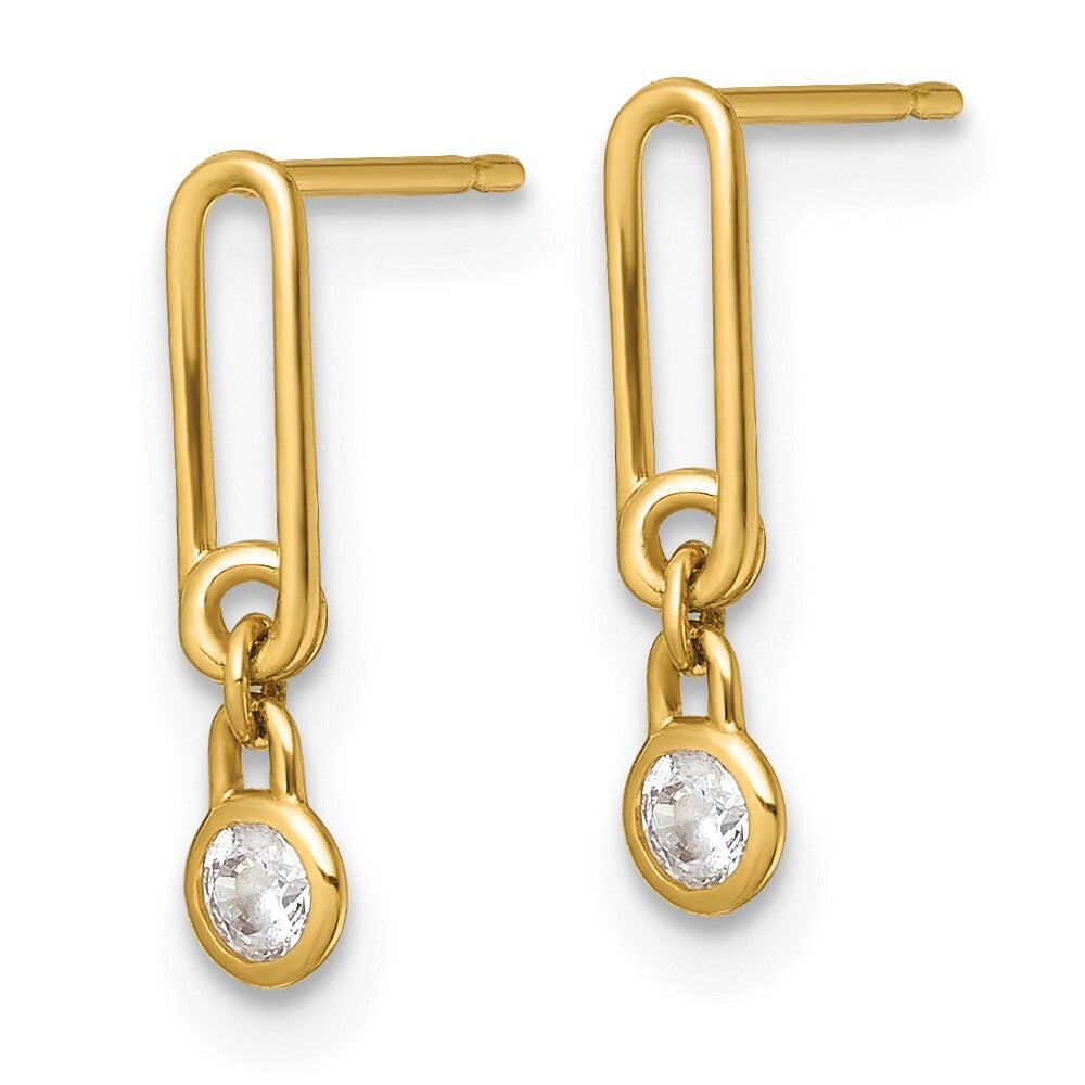 14k Yellow Gold Polished Cubic Zirconia Paperclip Link Dangle Earrings