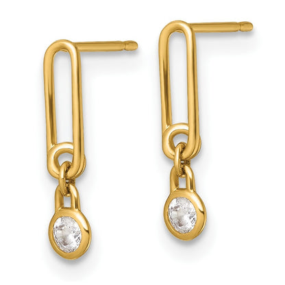 14k Yellow Gold Polished Cubic Zirconia Paperclip Link Dangle Earrings
