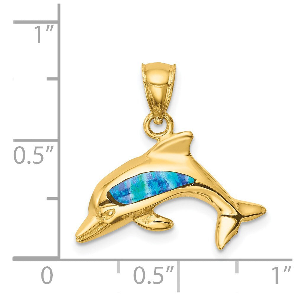 14k Yellow Gold Lab Created Opal Dolphin Pendant for Women