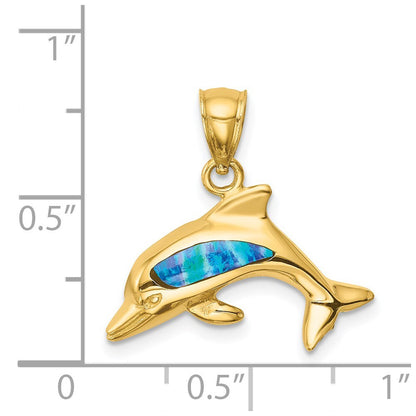 14k Yellow Gold Lab Created Opal Dolphin Pendant for Women