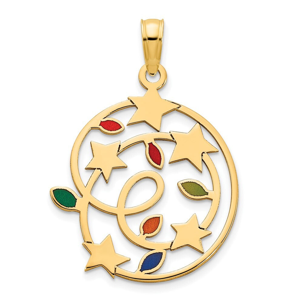 14k Yellow Gold Epoxy Christmas Lights and Stars Pendant for Women