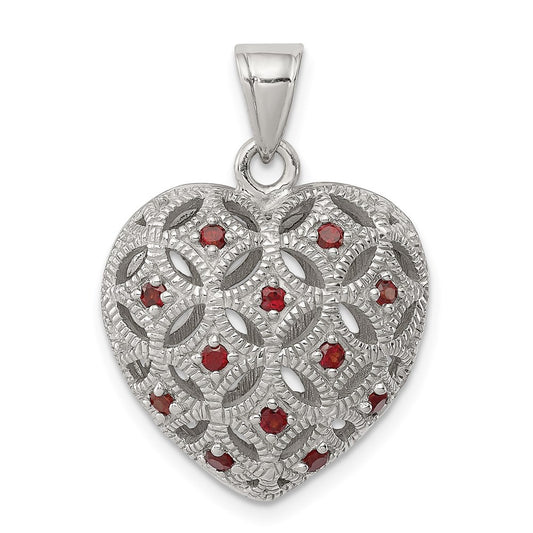 Sterling Silver Rhodium-plated w Garnet Heart Pendant