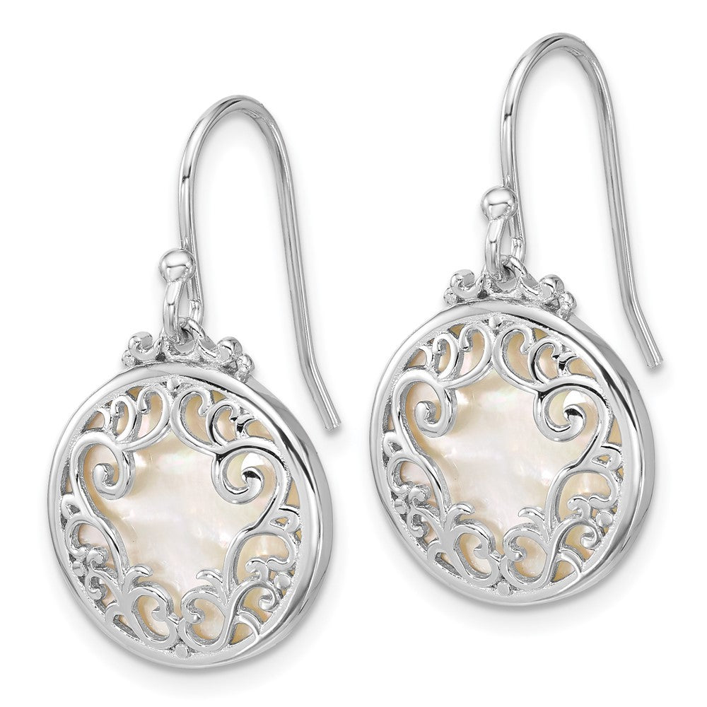 Sterling Silver Polished Filigree Mother of Pearl Circle Dangle Earrings
