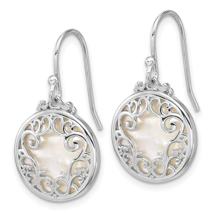 Sterling Silver Polished Filigree Mother of Pearl Circle Dangle Earrings