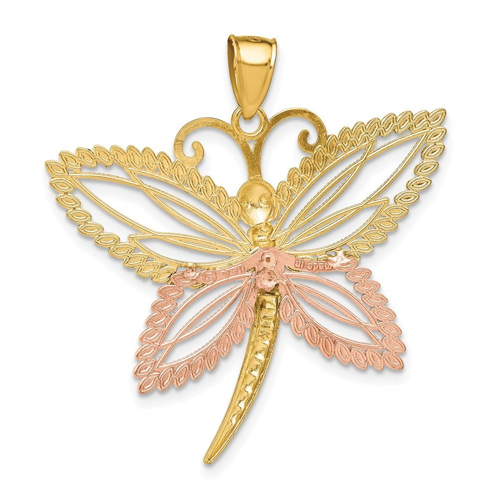 14k Two-Tone Gold with White Rhodium Dragonfly w Beaded Diamond-Cut Wings Charm