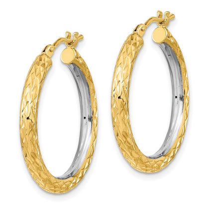 14k Yellow Gold White Rhodium Polished Diamond-cut 3mm Circle Hoop Earrings