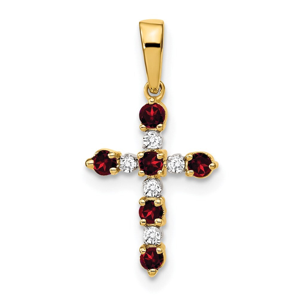 14k Yellow Gold Garnet and Diamond Cross Pendant for Women