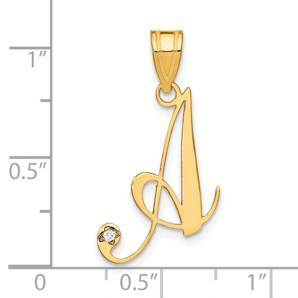 14k Yellow Gold Script Letter A Initial Pendant with Diamond for Women
