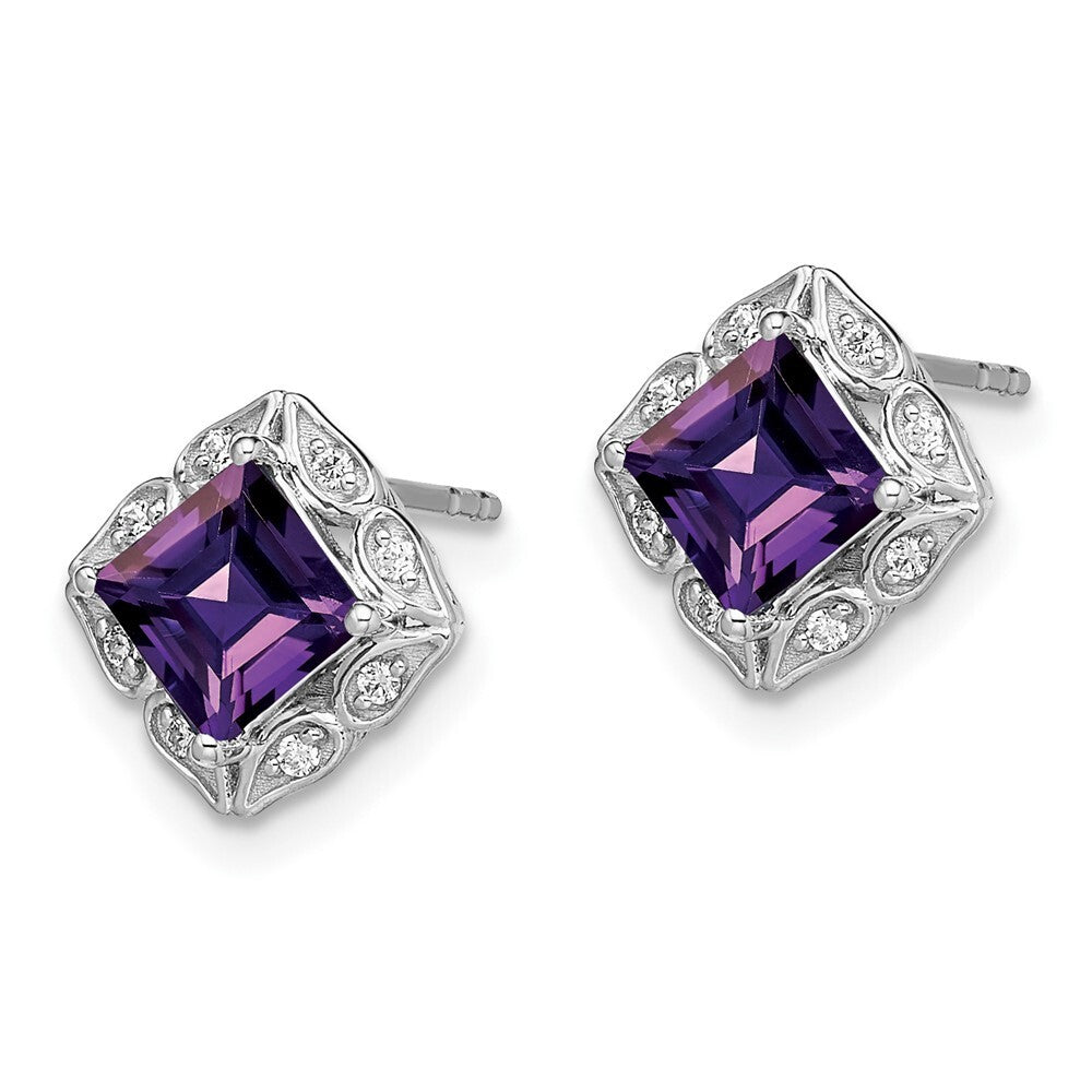 14k White Gold Square Amethyst and Diamond Stud Earrings