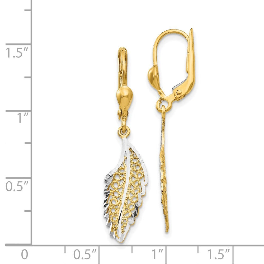 14k Yellow Gold and Rhodium Polished and Textured Leaf Drop Dangle Earrings