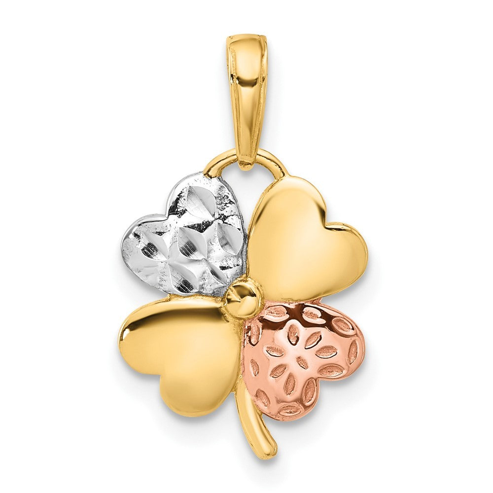 14k Yellow Gold Rose and White Rhodium Polished and Diamond-Cut Clover Pendant
