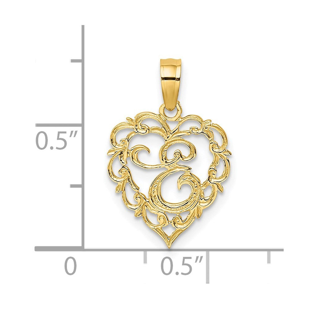 14k Yellow Gold Heart Script Letter E Initial Charm