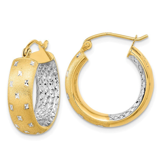 14k Yellow Gold White Rhodium Polished Satin Diamond-cut In/Out Hoop Earrings