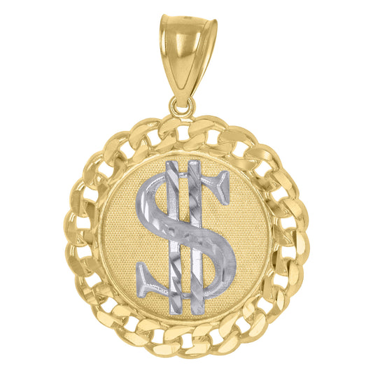 10k Gold Two-Tone Diamond-Cut Dollar Sign Currency Cuban Link Medallion Pendant