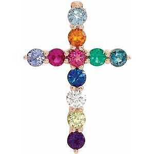 14k Rose Gold Multi-Gemstone & .03 CT Diamond Cross Pendant Necklace 16-18"