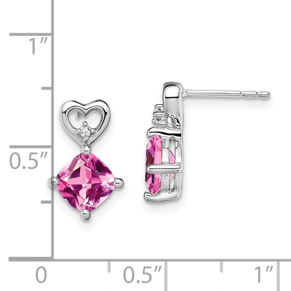 14k White Gold Created Pink Sapphire and Diamond Heart Drop & Dangle Earrings