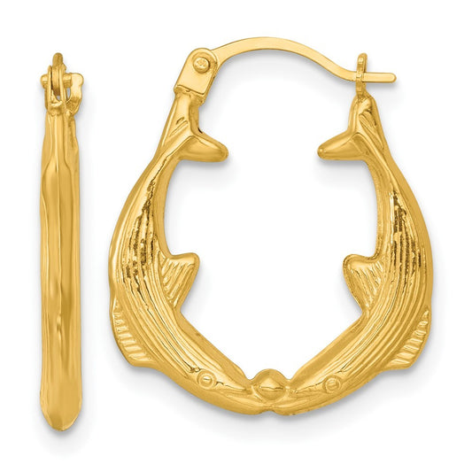 14k Yellow Gold Polished Two Whales Hollow Hoop Earrings