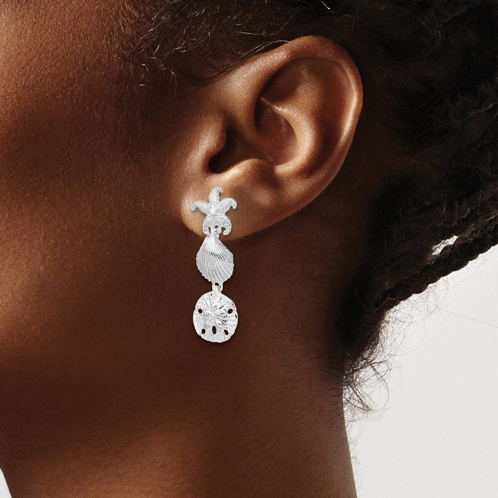 Sterling Silver Rhodium-Plated Polished Sea Life Dangle Post Earrings