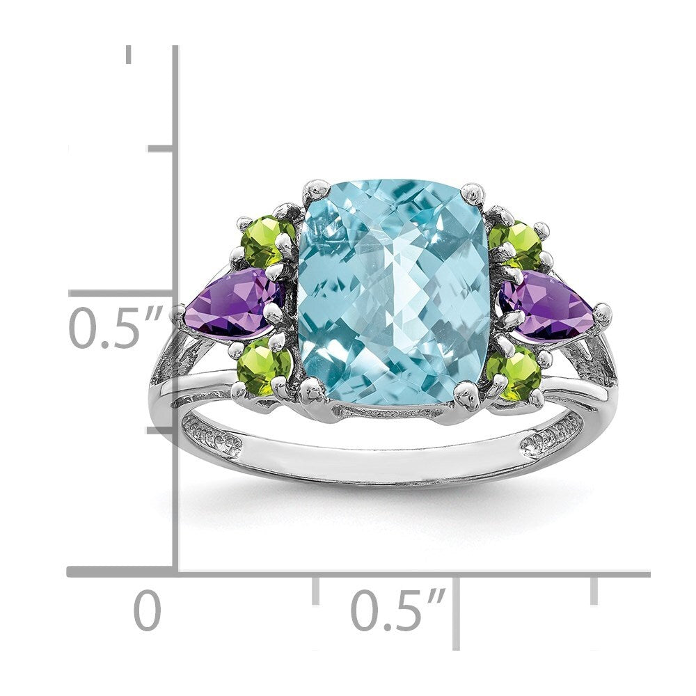 Sterling Silver Rhodium Light Swiss Blue Topaz, Amethyst & Peridot Ring Size 10