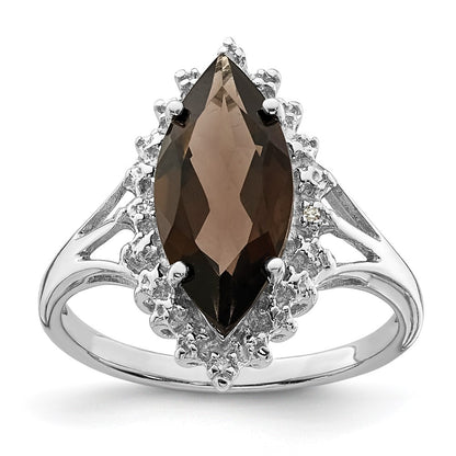 Sterling Silver Rhodium Smoky Quartz Diamond Ring Size 7