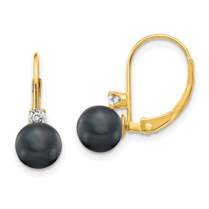 14k Yellow Gold 6-7mm Black FW Cultured Pearl AA Diamond Leverback Earrings