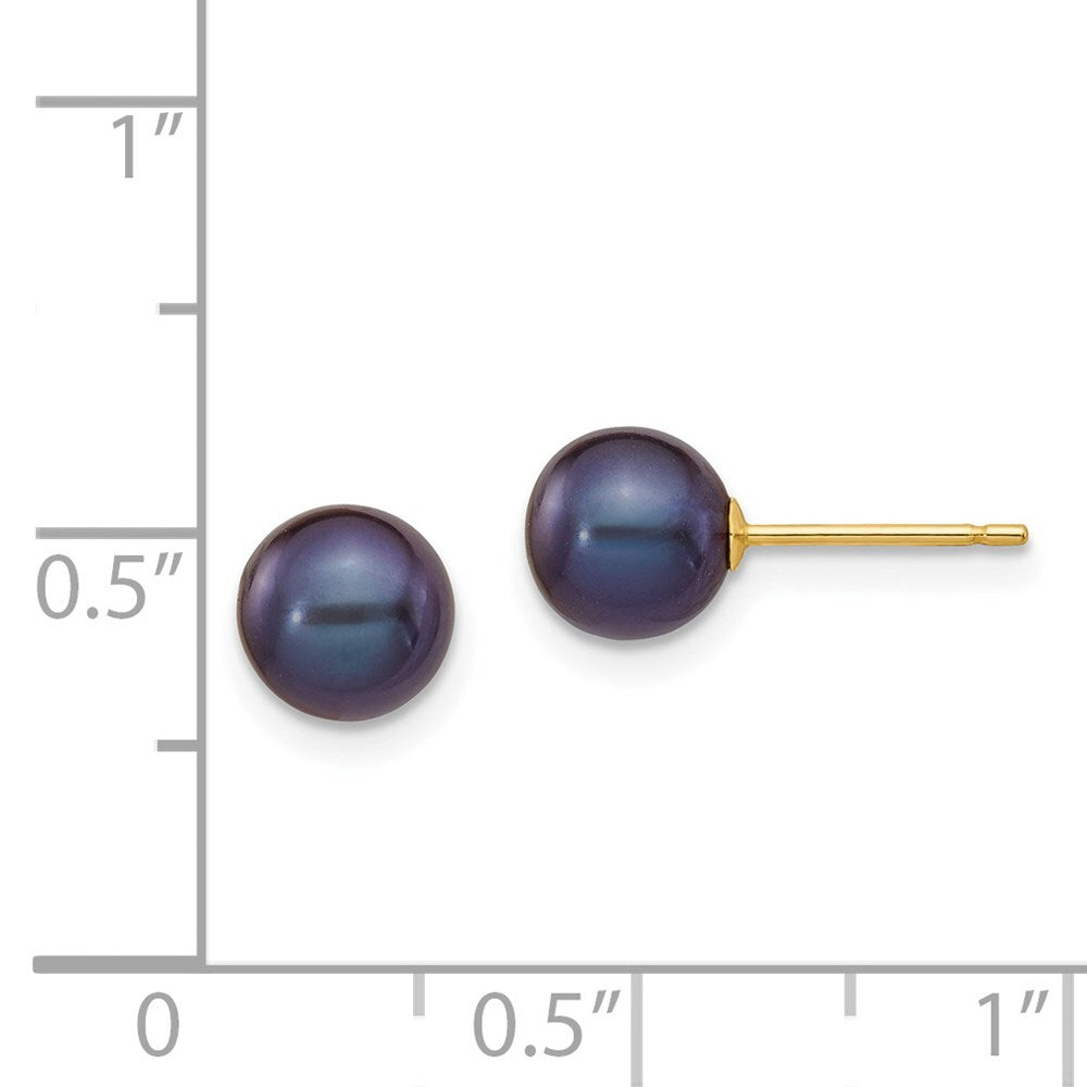 14k Yellow Gold 6-7mm Black Round Freshwater Cultured Pearl Stud Earrings
