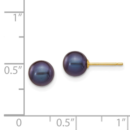 14k Yellow Gold 6-7mm Black Round Freshwater Cultured Pearl Stud Earrings
