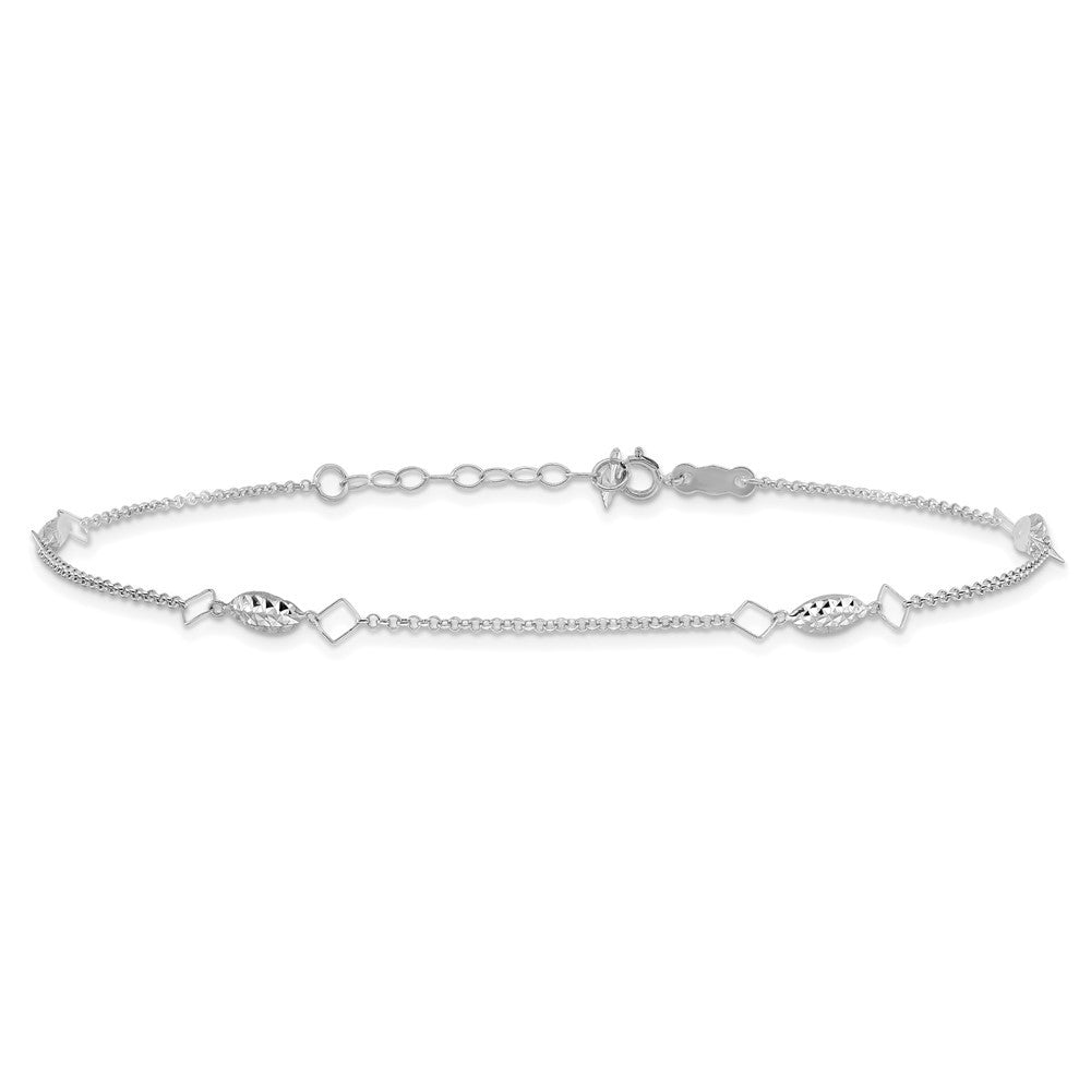 14K White Gold Diamond-cut Rice Puff Beads 4-Station 10" Anklet