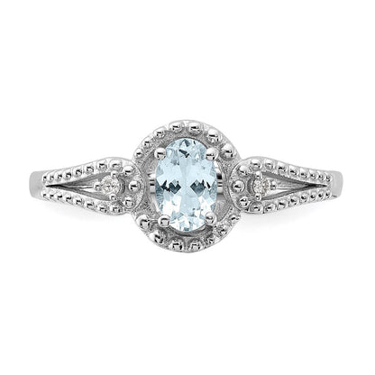 Sterling Silver Rhodium-plated Aquamarine & Diamond Ring