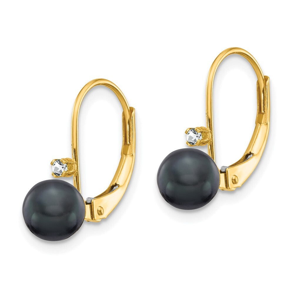 14k Yellow Gold 5-6mm Black FW Cultured Pearl AA Diamond Leverback Earrings