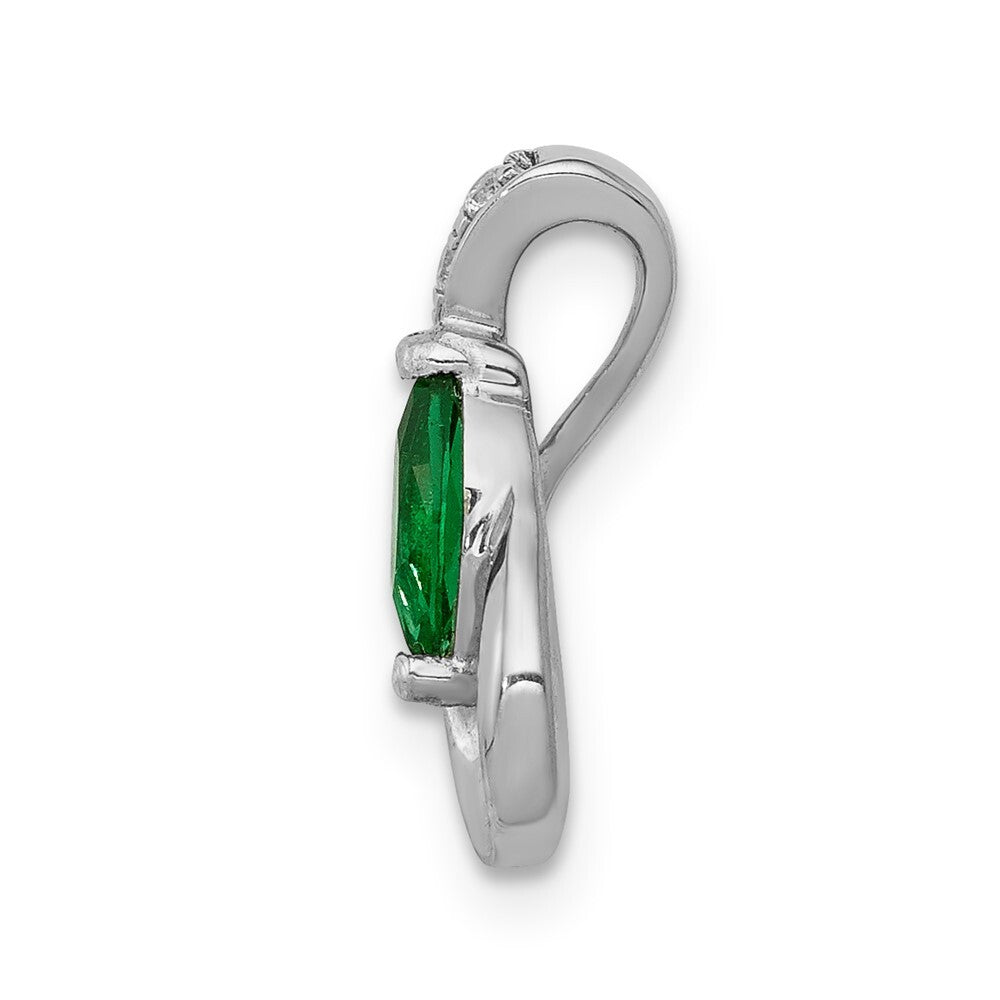 14k White Gold Teardrop Diamond and Emerald Pendant for Women
