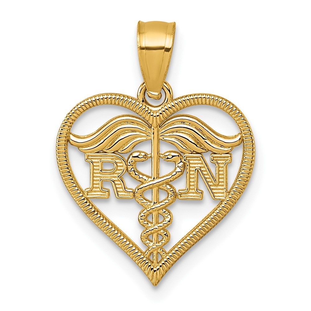 14k Yellow Gold Polished And Textured RN Symbol in Open Heart Pendant