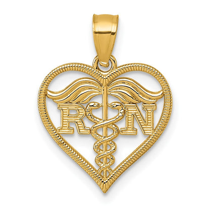 14k Yellow Gold Polished And Textured RN Symbol in Open Heart Pendant