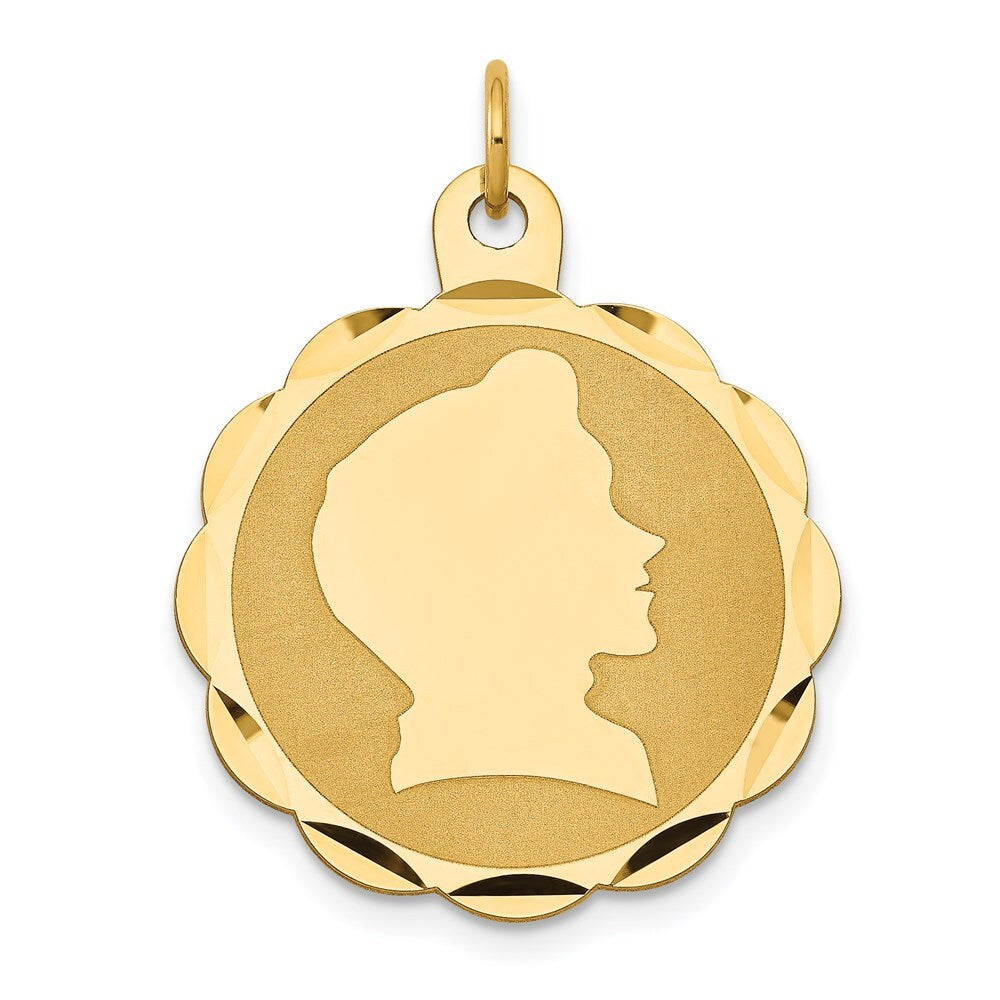 14k Yellow Gold Boy Head on .018 Gauge Engravable Scalloped Disc Charm Pendant