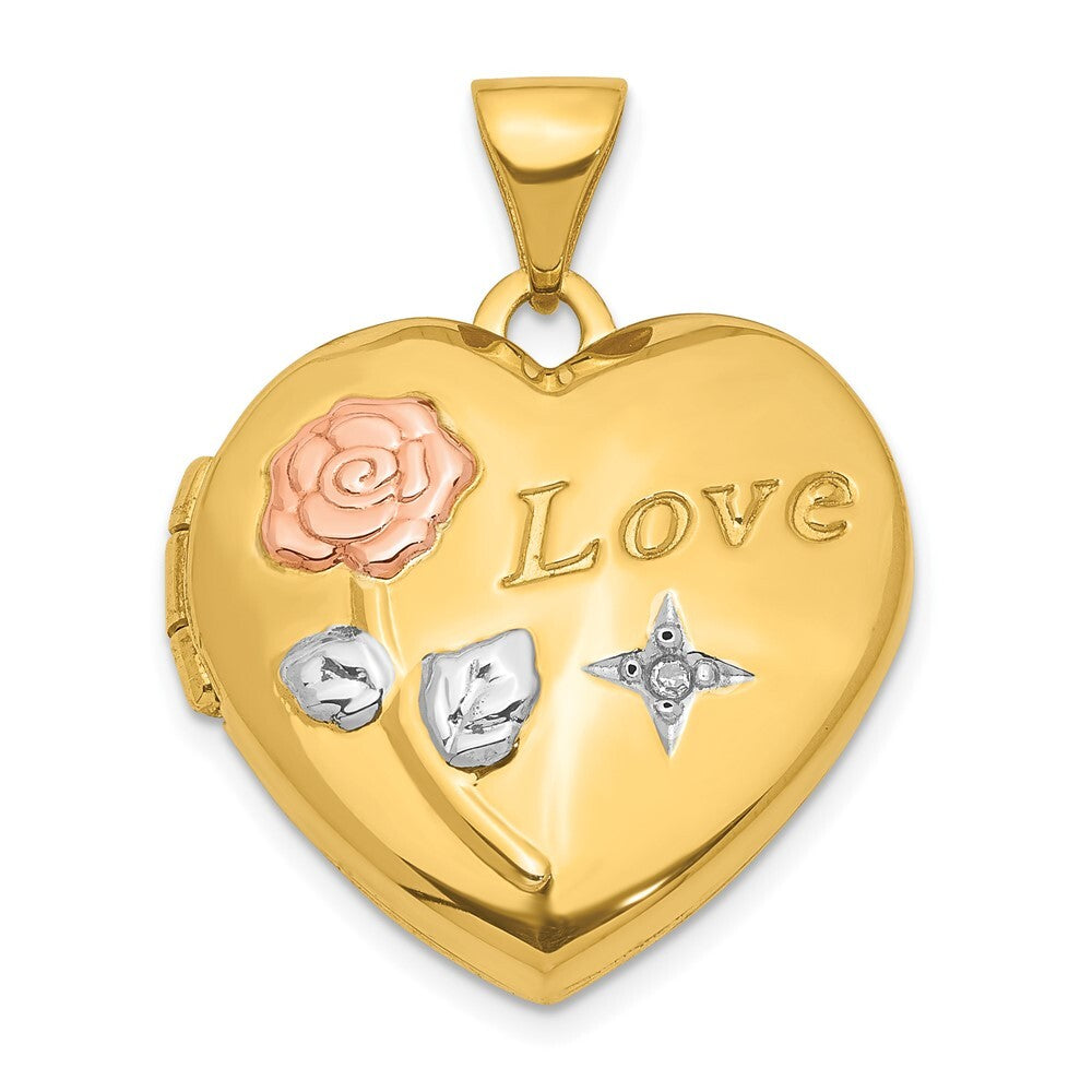 14k Yellow Gold White & Rose Rhodium Love Rose Diamond Heart Locket Pendant