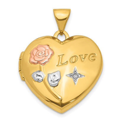 14k Yellow Gold White & Rose Rhodium Love Rose Diamond Heart Locket Pendant