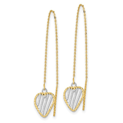 14k Yellow Gold & Rhodium Polished Satin and Diamond-Cut Heart Threader Earrings