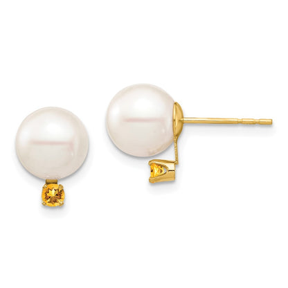 14k Yellow Gold 8-8.5mm Freshwater Cultured Pearl & Citrine Stud Earrings