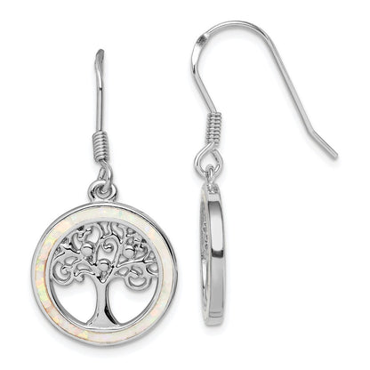 Sterling Silver Rhod-plated Creat Opal Circle Tree Dangle Earrings