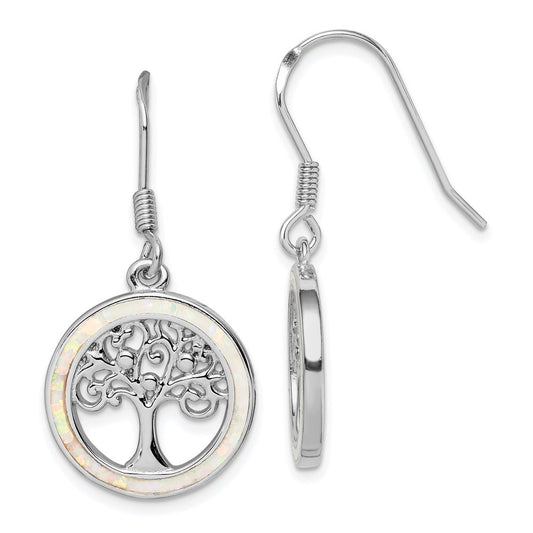 Sterling Silver Rhod-plated Creat Opal Circle Tree Dangle Earrings
