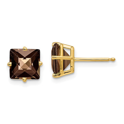 14k Yellow Gold 7mm Square Checker-Cut Smoky Quartz Stud Earrings