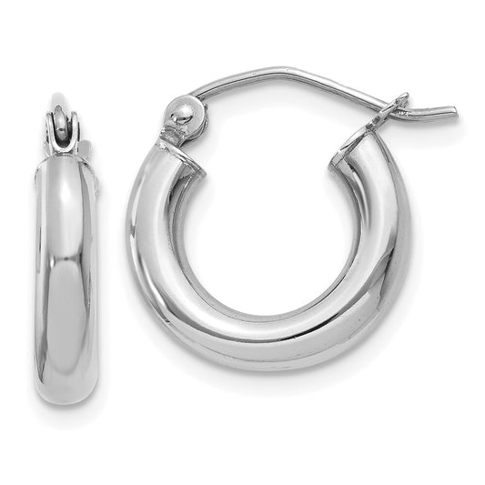 14K White Gold Polished 3mm Lightweight Tube Hoop Earrings Gift for Women