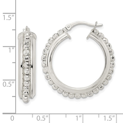 Sterling Silver Polished and DIamond-cut Beaded Hoop Earrings