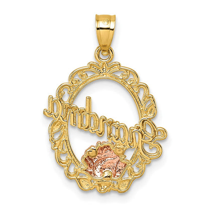 14k Yellow Gold Two-tone & White Rhodium Polished Grandma Rose Oval Pendant